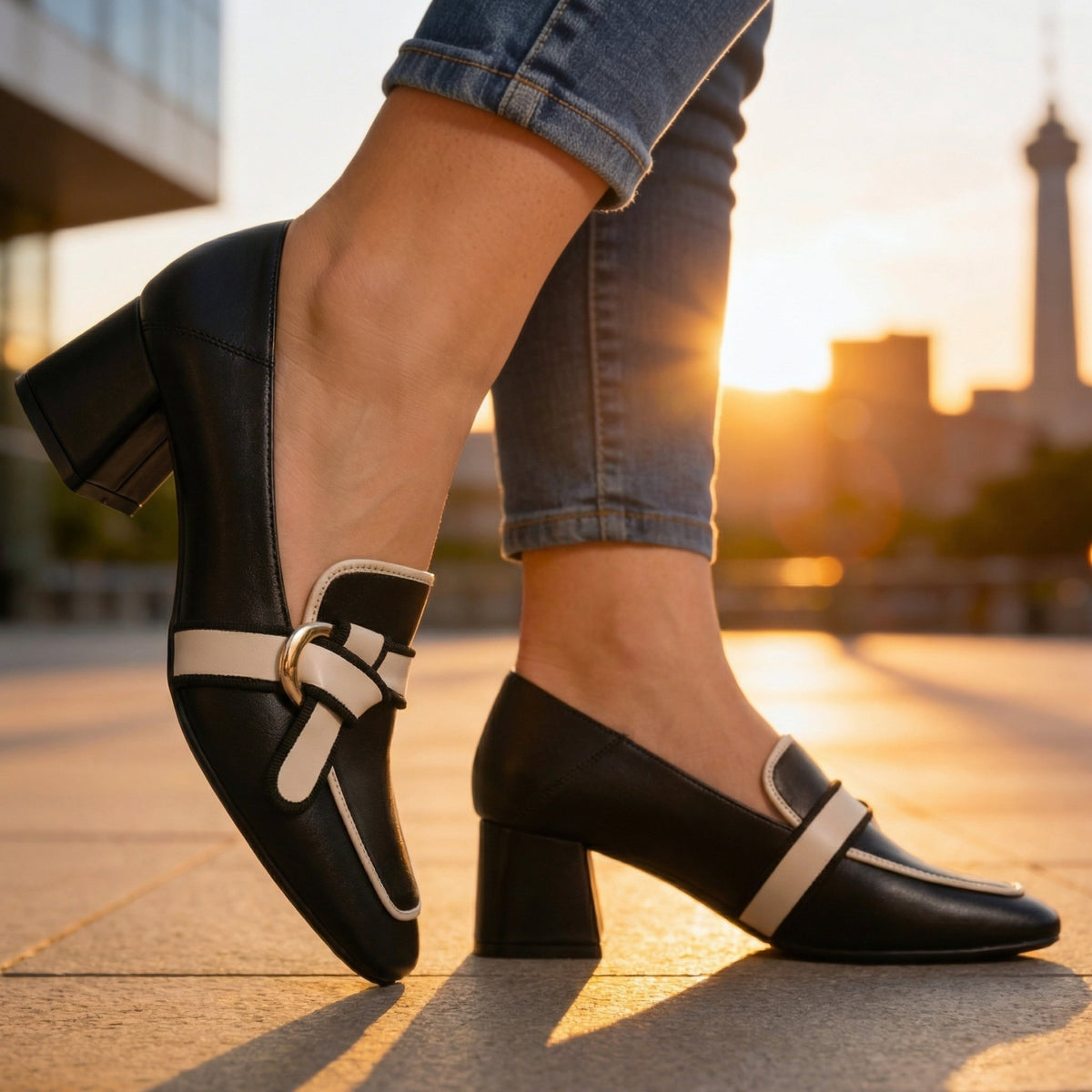 Mocassins avec profil contrastant de Danoir Paris, chaussures à talons élégantes et modernes, vue de face sur fond blanc.