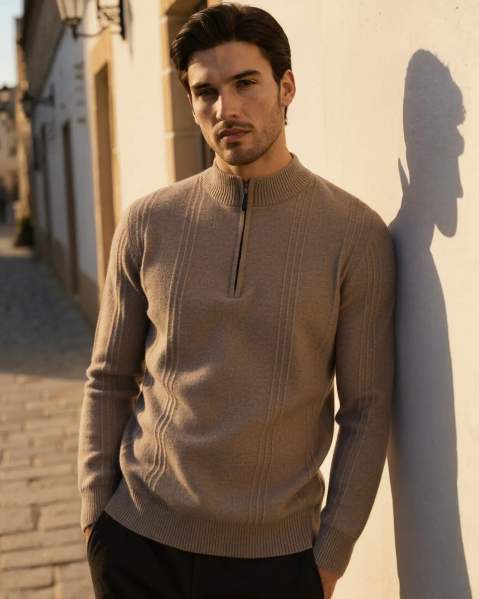 Pull en cachemire ribé à demi-zip de la marque Old Money, vue de face, en tissu doux et chaud, couleur neutre.