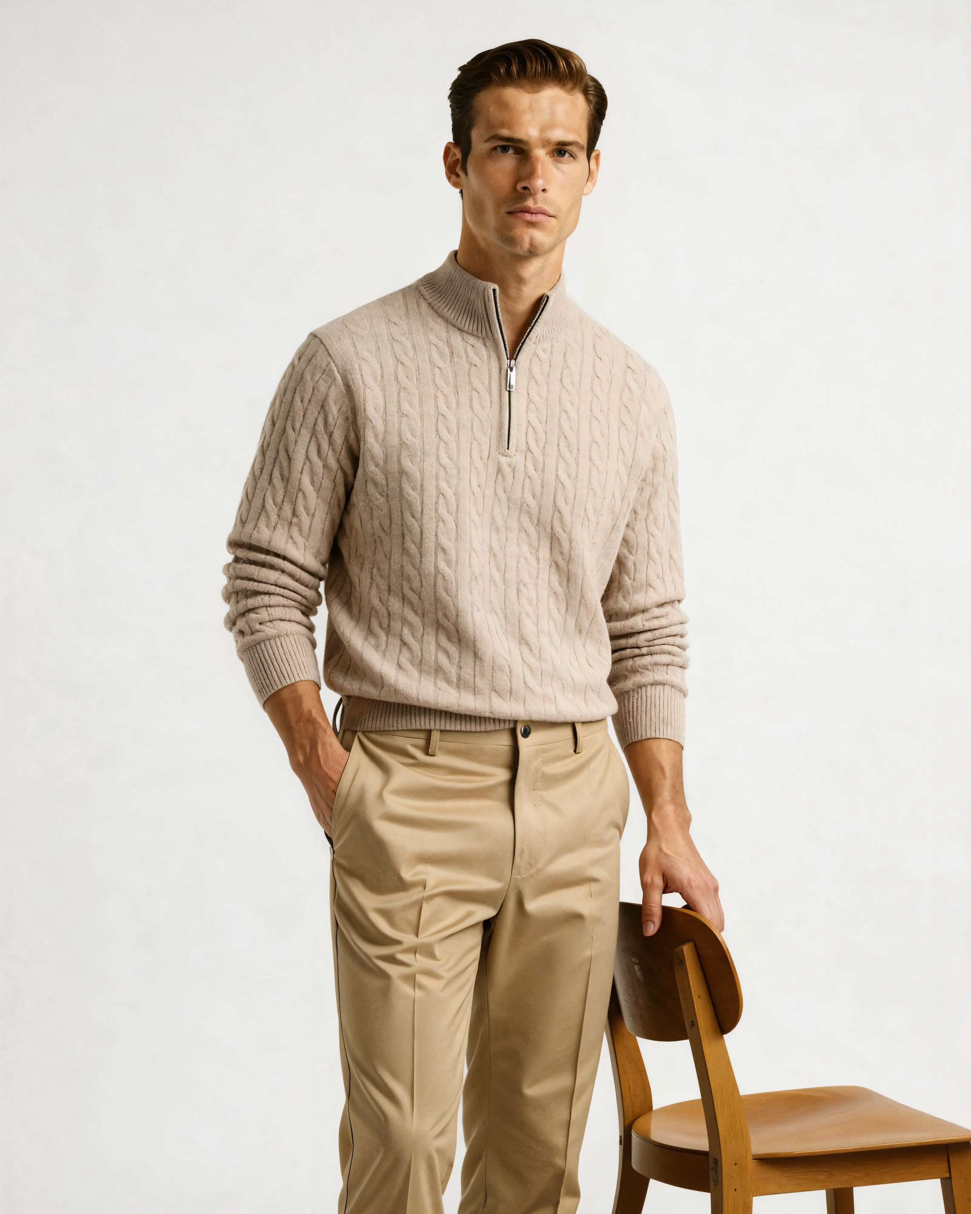 Pull en cachemire beige à demi-zip Old Money, tissu tissé doux et chaud, idéal pour un style élégant et confortable.