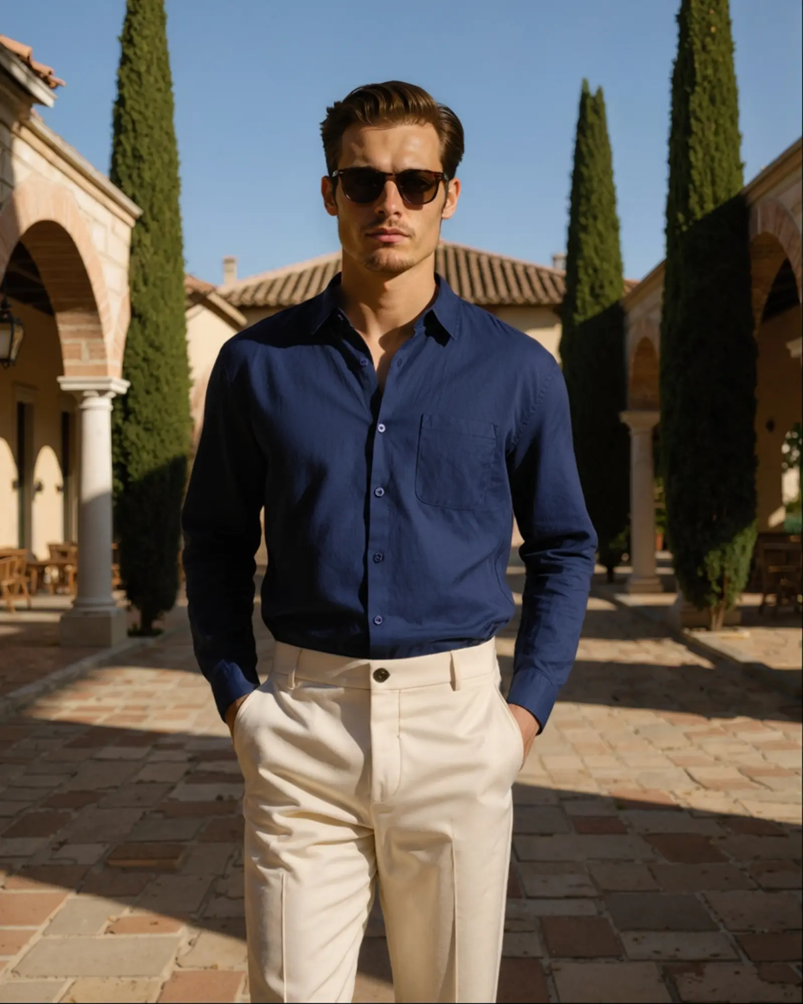 Chemise en lin beige Cape Town de Old Money, 100% lin, avec col classique et manches longues, vue en gros plan.