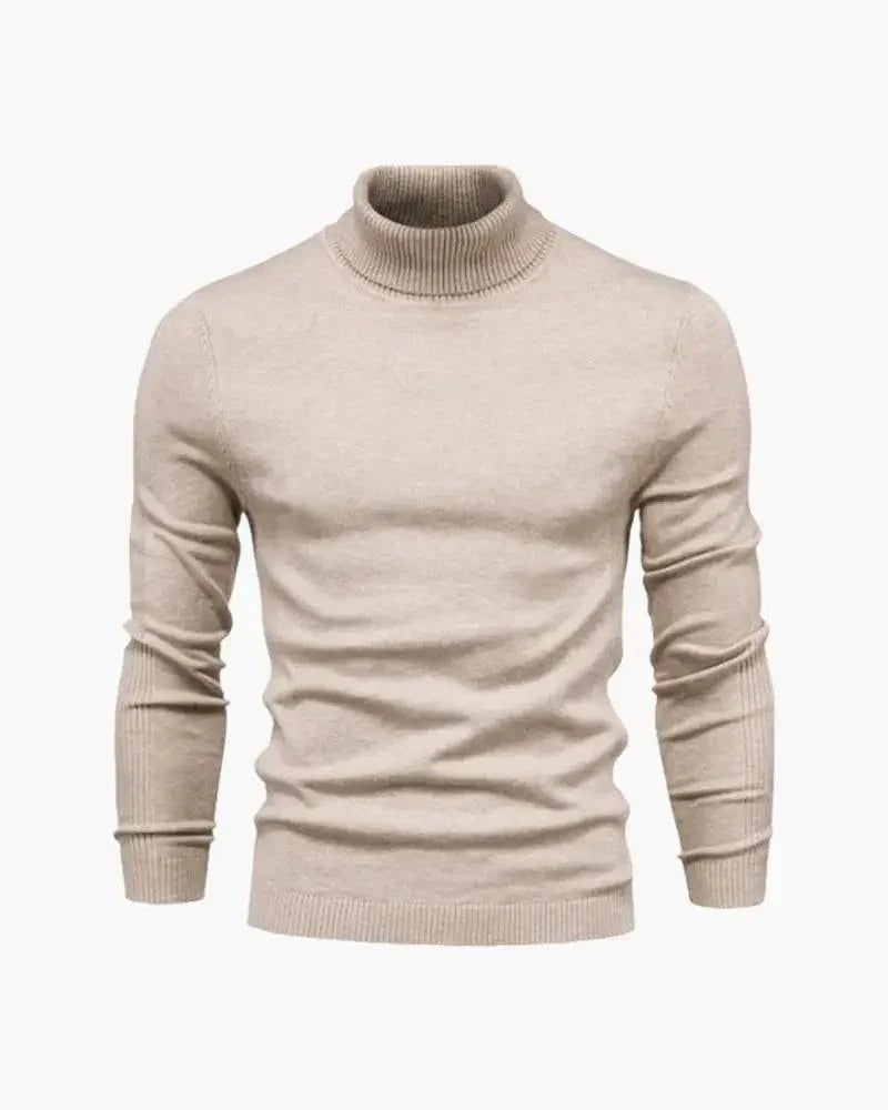Pull à col roulé en laine mérinos Gstaad Old Money, vue de face, couleur neutre, tissu doux et chaud.