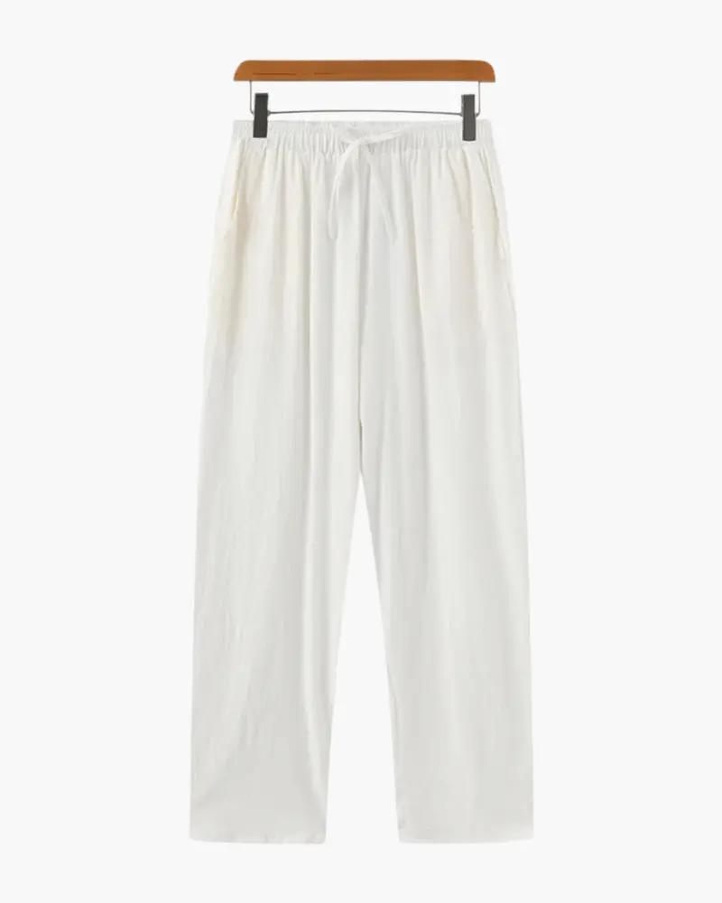 Pantalon en lin Zanzibar de la marque Old Money, coupe décontractée avec ceinture et poches, couleur naturelle beigne.