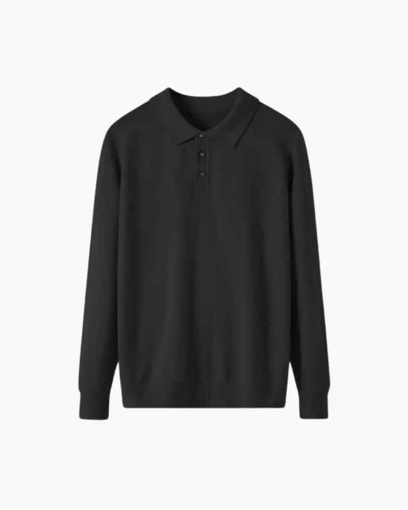 Pull en laine 100% Premium Wool Old Money, polo classique avec col et boutons, enfilé sur mannequin.