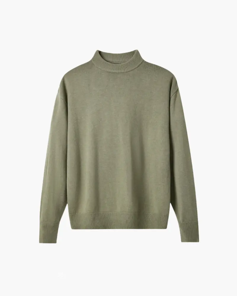 Pull en cachemire en laine 100 % premium de la marque Old Money, modèle à col roulé, couleur neutre, porté sur mannequin.