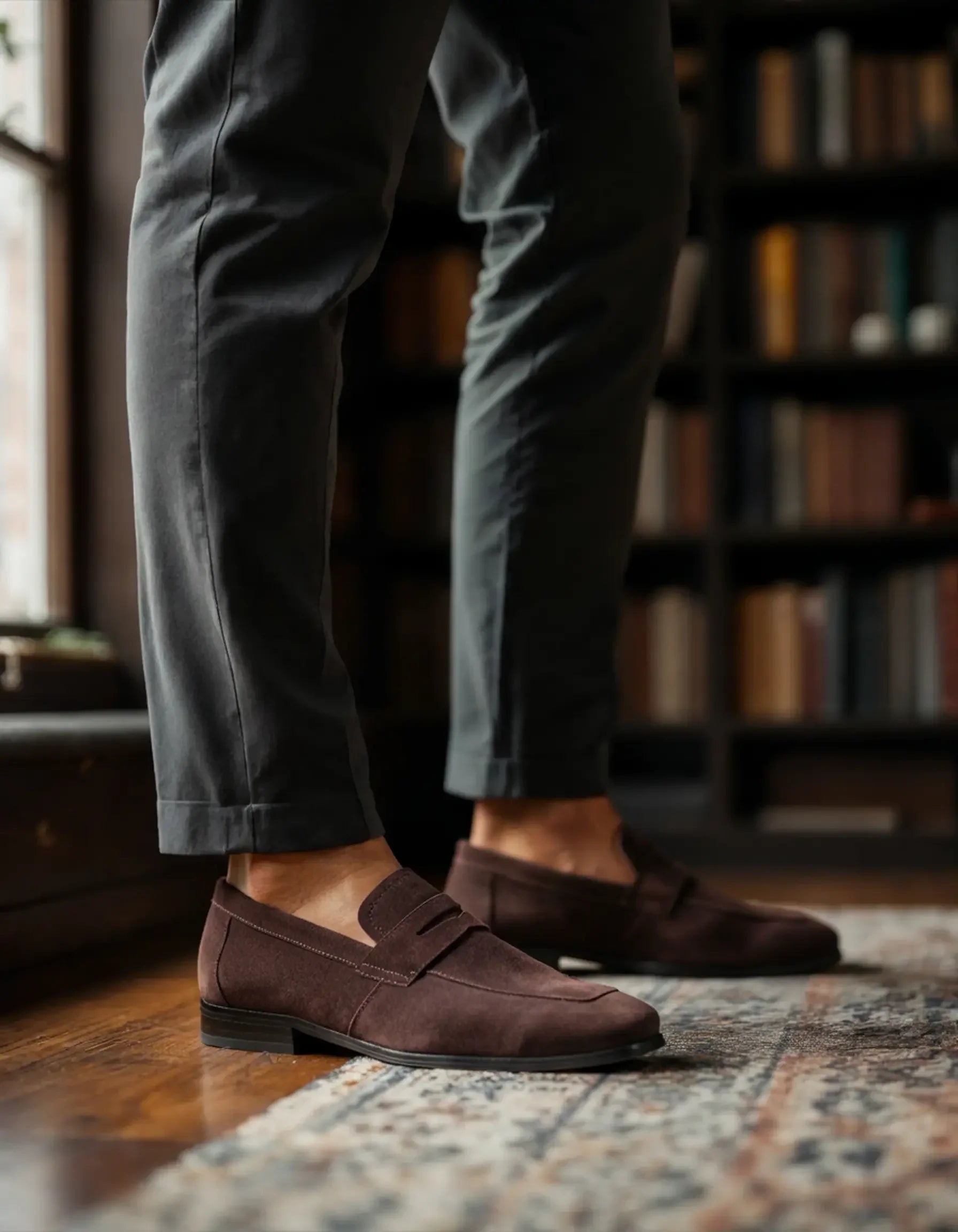 Mocassins en daim Old Money Penny Loafers avec bride, finition élégante et semelle en cuir, vue de face.