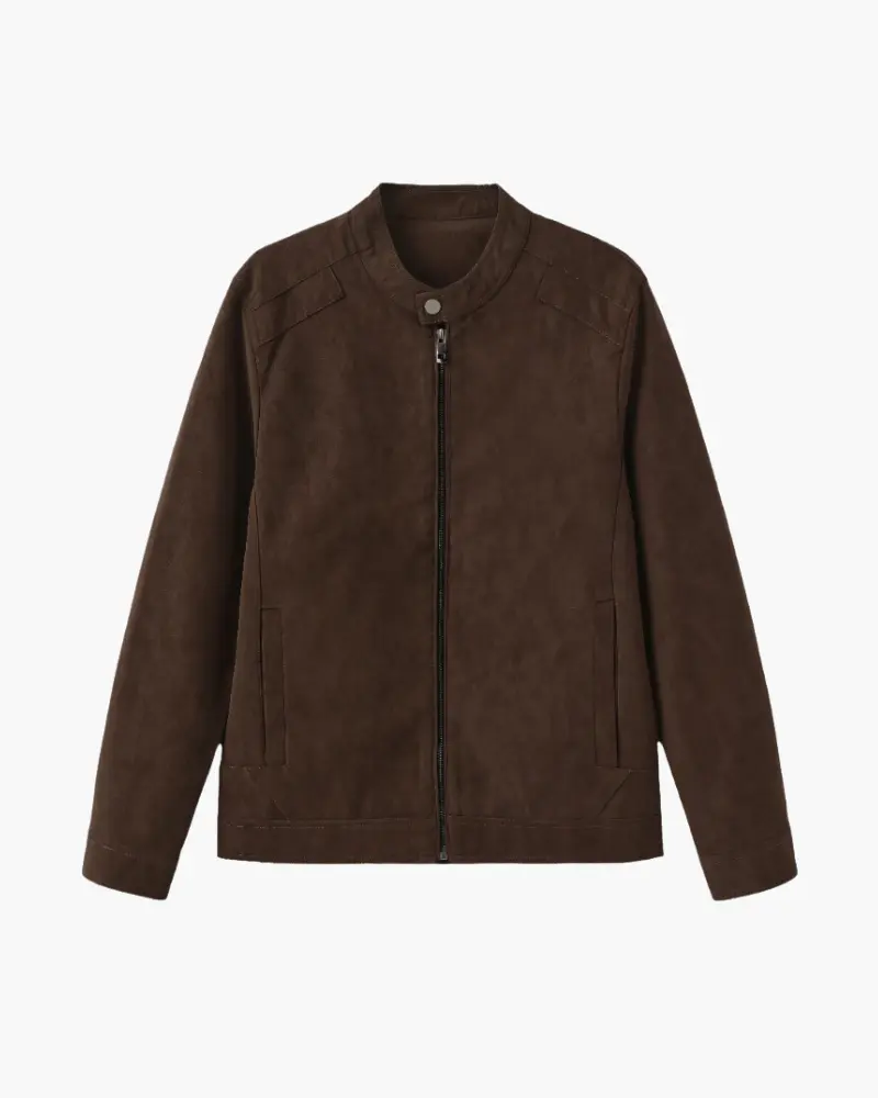 Veste en cuir suédé Old Money, style élégante en cuir marron avec col et poches, vue de face sur mannequin.