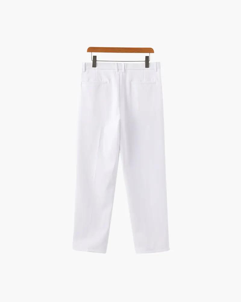 Pantalon Paris Wide Fit de la marque Old Money, coupe ample, en tissu léger, couleur neutre, vue de face.