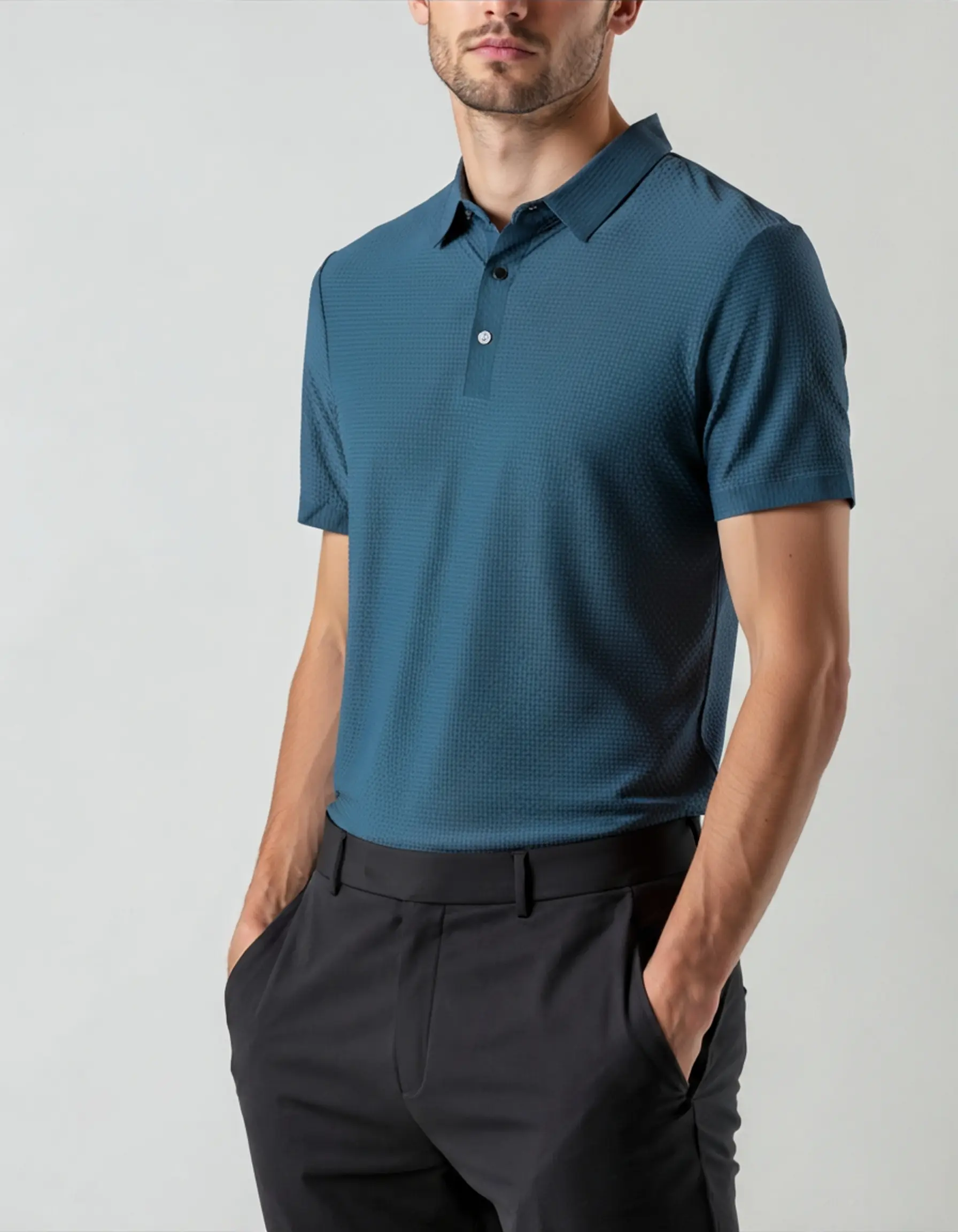 Chemise en soie Prestigio Silk Polo de Old Money, coupe élégante, tissu anti-rides, vue rapprochée sur le col et les boutons.
