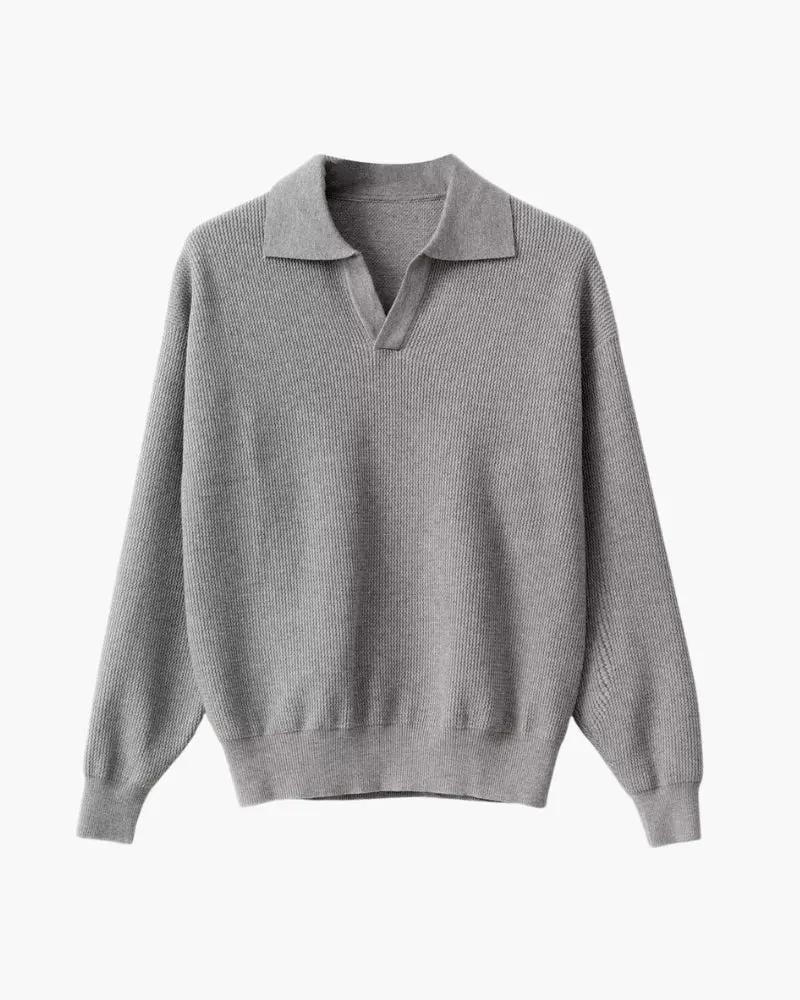 Pull en maille texturée Old Money, pull polo en tricot avec motif côtelé et col classique, vue de face.