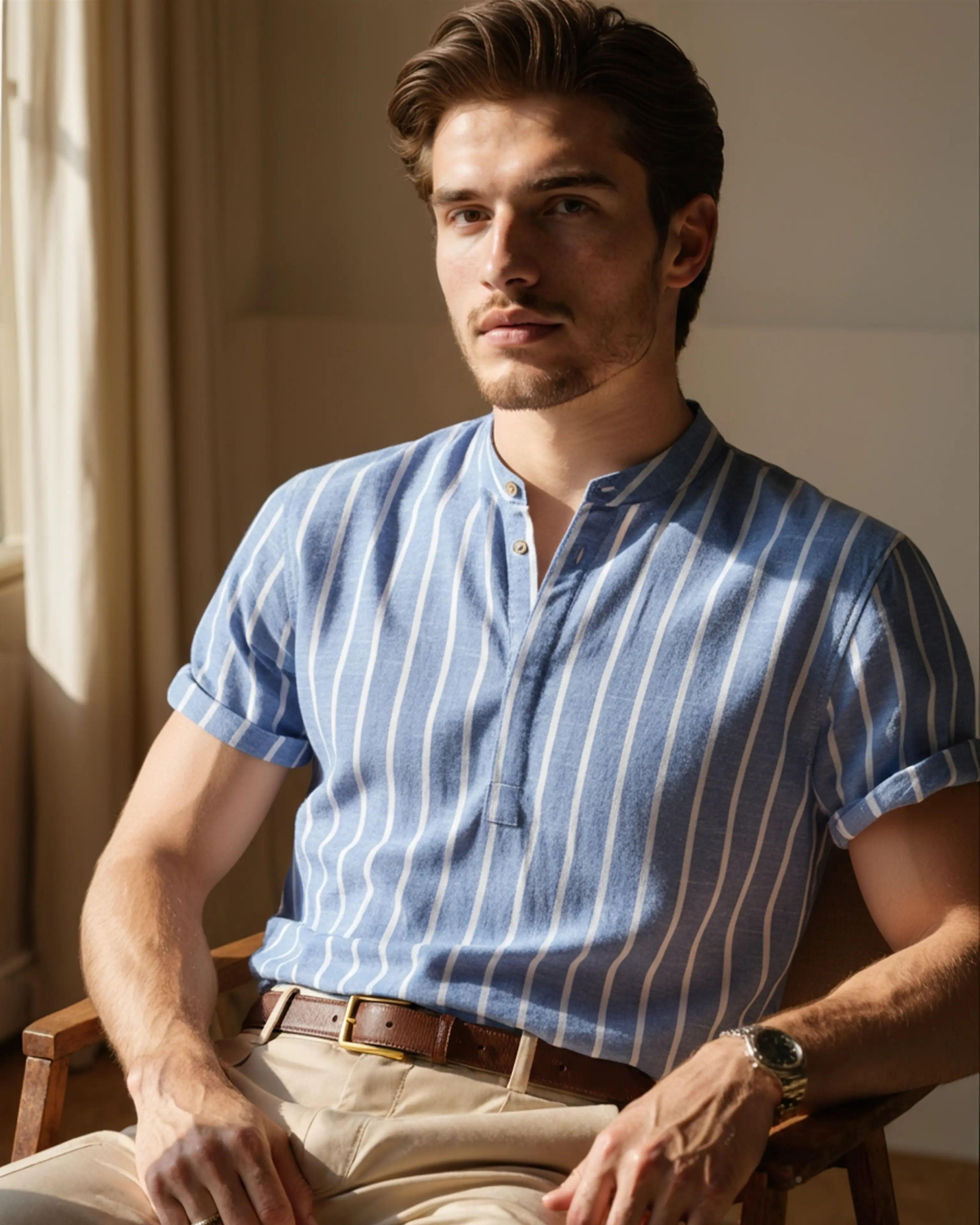 Polo marin Bari Sailor Old Money avec col en maille et rayures, porté sur mannequin, vue de face.
