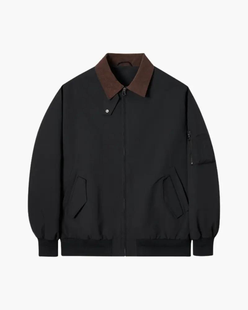 Veste Harrington classique Old Money en coton beige avec col côtelé et fermeture éclair, vue de face.