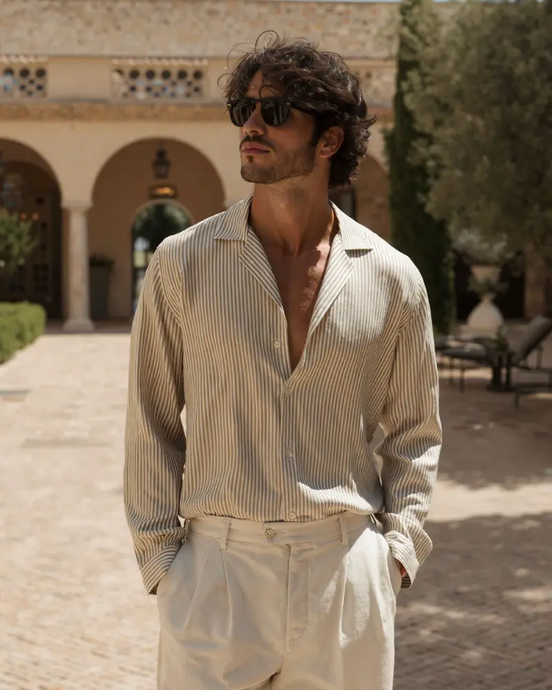 Chemise rayée pour hommes de la marque Old Money, vue en gros plan sur le col et les rayures bleues et blanches.