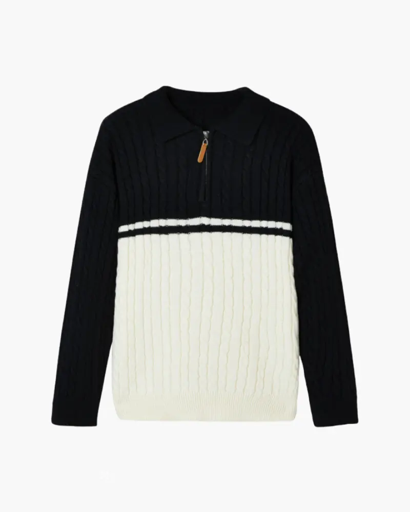 Pull en laine 100% premium à fermeture éclair de la marque Old Money, visible en détail sur l'image.