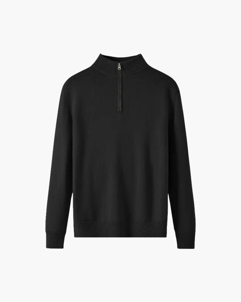 Pull en laine mérinos 100 % à fermeture éclair de la marque Old Money, détail du col et de la texture douce.