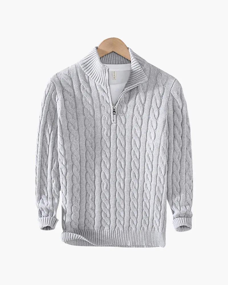 Pull à demi-zip Old Money Verbier, pull-over en maille gris avec col montant, détails élégants et confortables.
