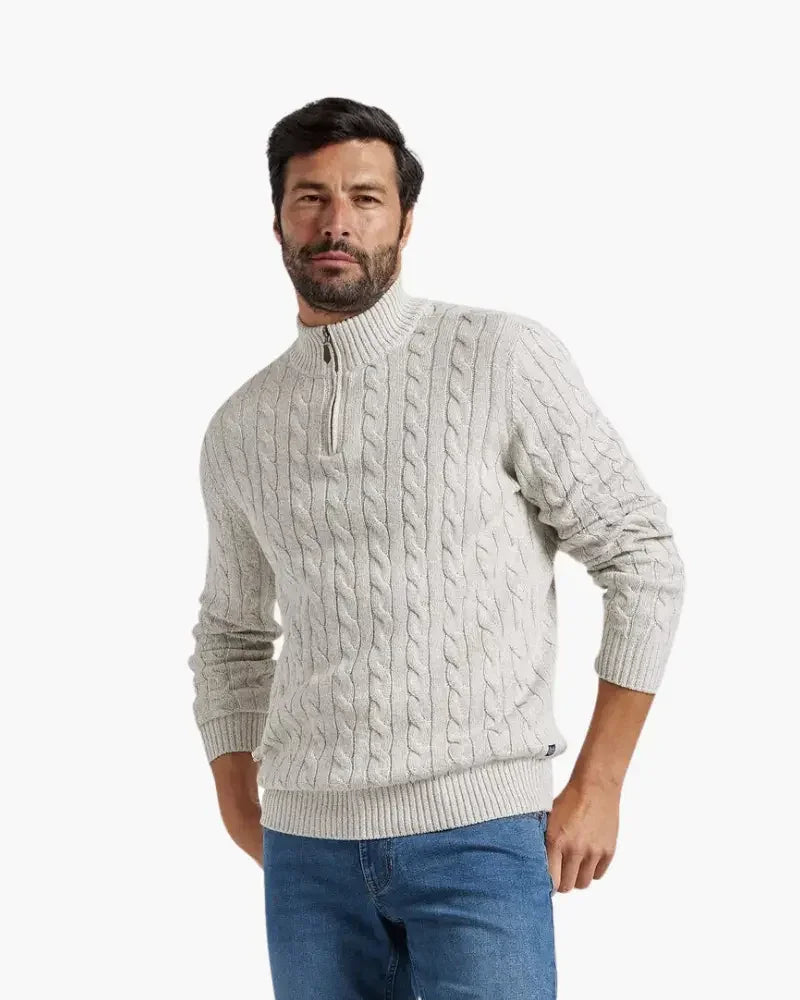 Pull homme Old Money Verbier à demi-zip, sweat-shirt gris avec col montant et logo brodé sur la poitrine, en coton confortable.