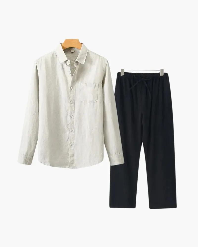 Chemise homme Old Money en lin à manches longues, tissu léger avec détails élégants, porté sur mannequin blanc.