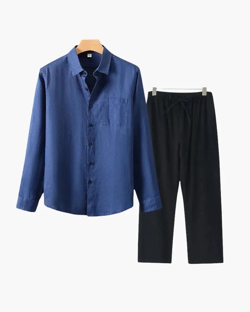 Chemise en lin Old Money Longsleeve, style décontracté, tissu léger et confortable, vue en gros plan sur le tissu et les détails.