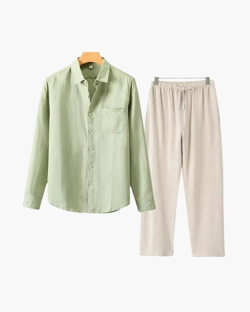 Chemise en lin Old Money Longsleeve avec motif à rayures, manches longues et coupe élégante, vue en gros plan.