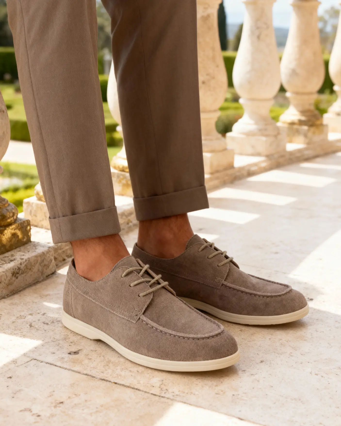 Chaussures en daim premium avec lacets de la marque Old Money, élégantes et sophistiquées, visibles en détail dans l'image.