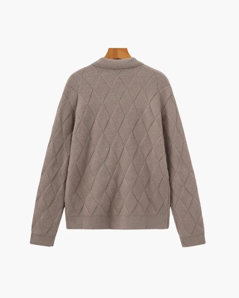 Cardigan en tricot Heritage Diamond Zip de la marque Old Money, en laine, avec fermeture éclair et motif en diamant.