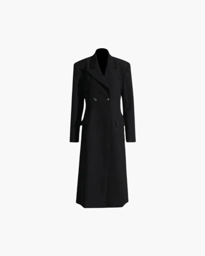 Manteau noir pour femme Old Money Women, coupe élégante et classique, en tissu épais et chaud, porté sur un mannequin.