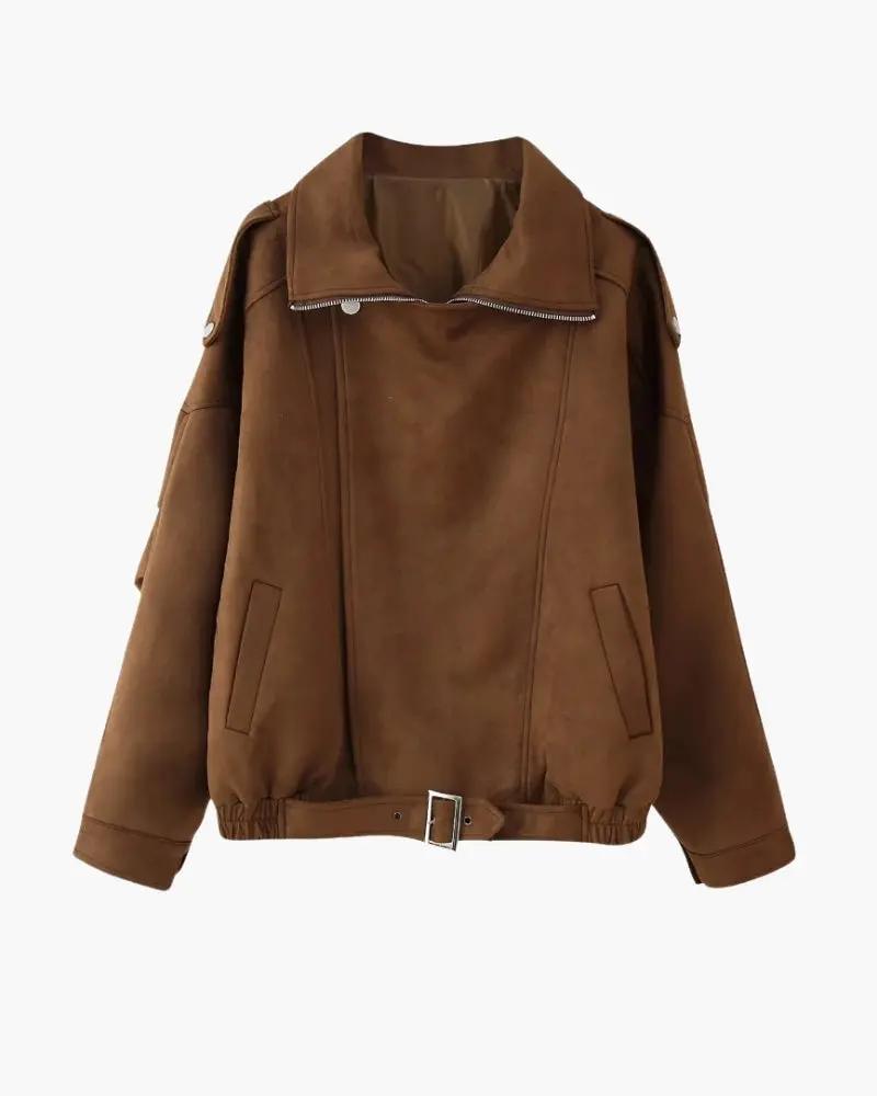 Veste en daim vintage Old Money Women, coupe drapée, couleur marron, style élégant pour femme.