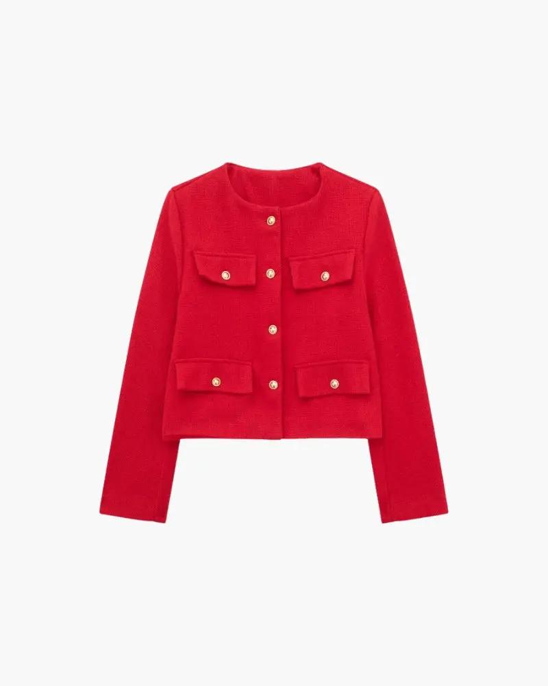 Veste blazer courte Savile de Old Money Women, marron, taille XS, vue de face avec col et boutons visibles.