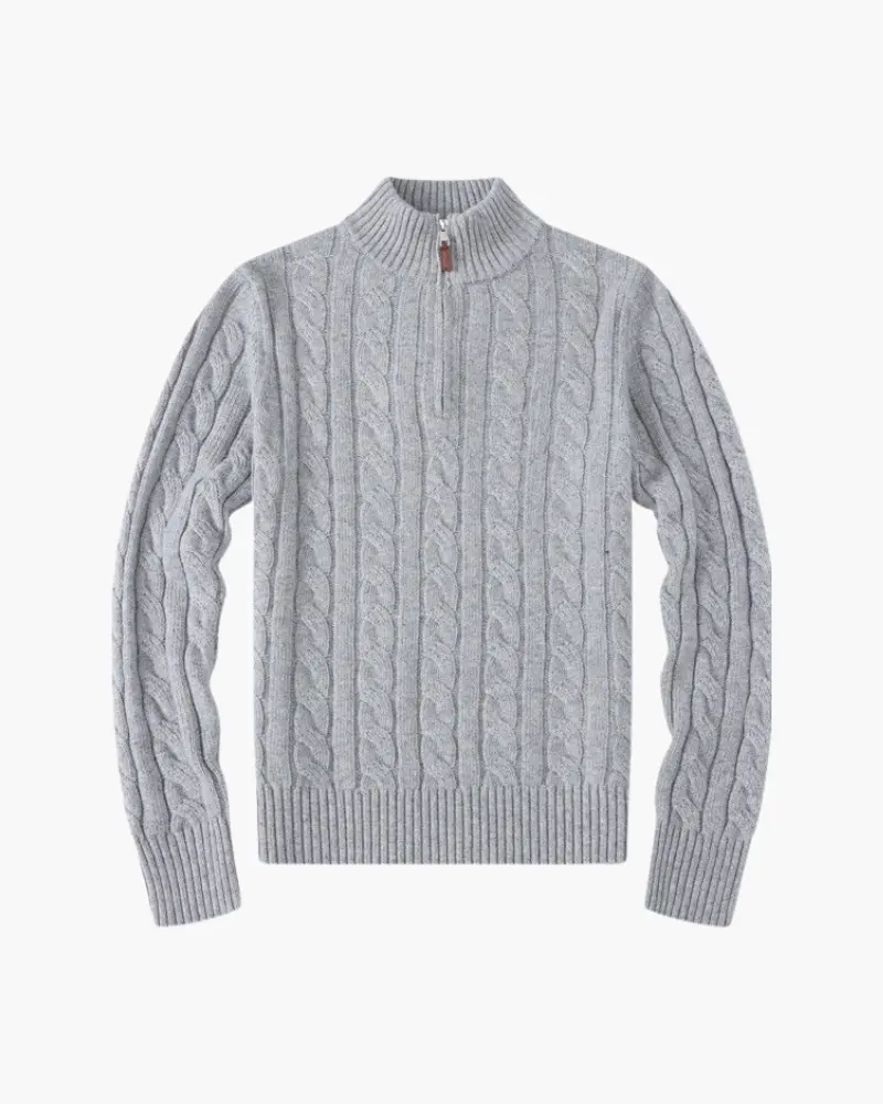 Pull gris pour femmes Old Money Women, sweat-shirt à demi-zip Verbier, tissu doux et confortable, porté sur un mannequin.