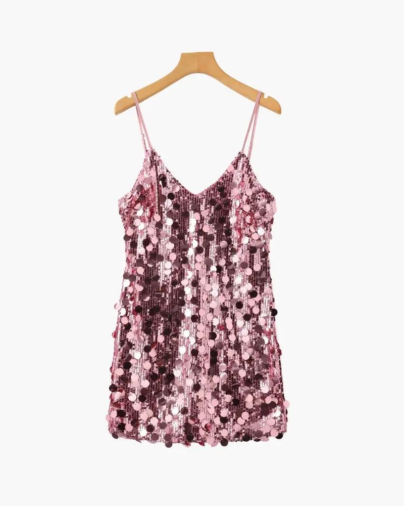 Robe mini de fête en sequins rose doré pour femme, élégante et brillante, de la marque Old Money Women.