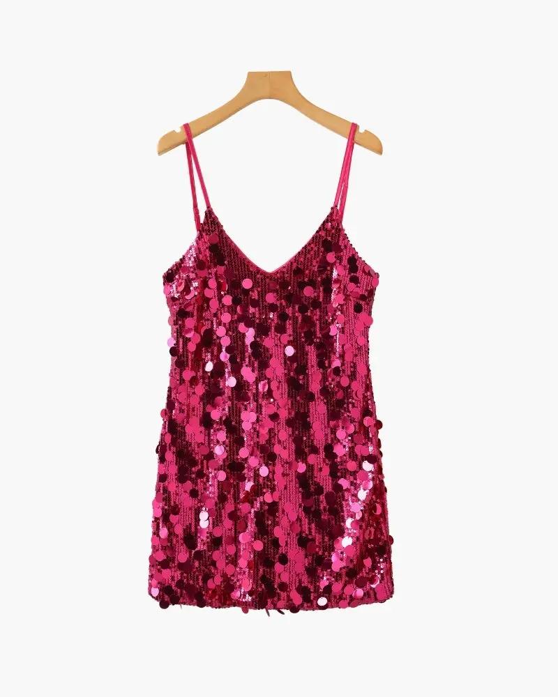 Robe courte à sequins rose or pour soirée, marque Old Money Women, vêtement de fête élégante et brillante.