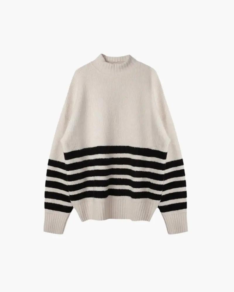 Pull-over en maille à rayures côtières Old Money Women, blanc, taille unique, doux et confortable pour un style décontracté.