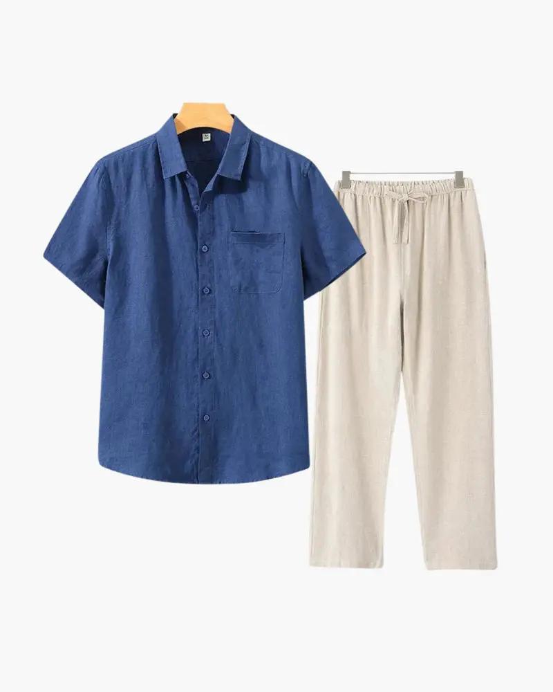 Chemise en lin Old Money WorldWide, manches courtes, tissu léger, style décontracté, vue de face avec détails du col et des boutons