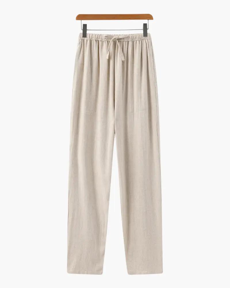 Pantalon en lin Marrakech Slim Fit de Old Money WorldWide, vue de face, couleur beige, tissu léger et élégant.
