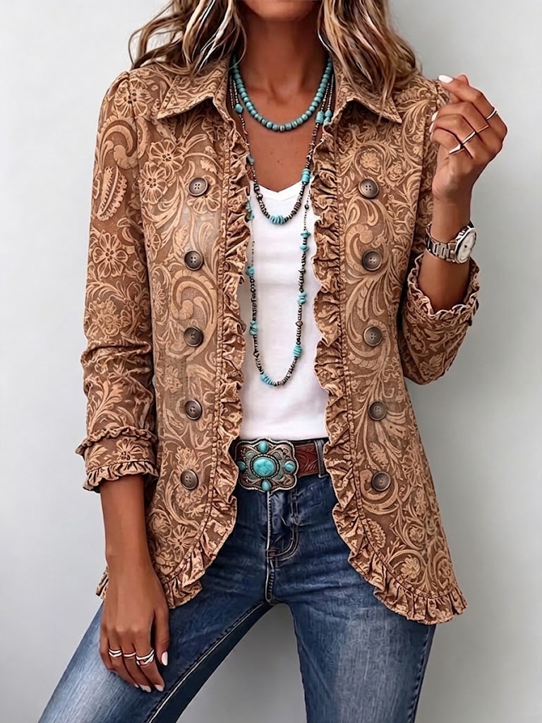 Veste bohème fleurie vintage marron Noémie de Danoir Paris avec détails à volants, tissu léger et style romantique.