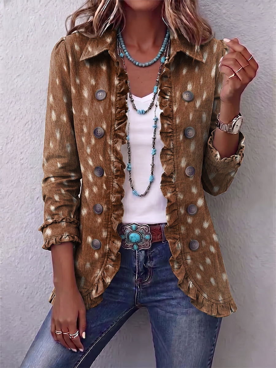 Veste bohème Danoir Paris Hélène imprimé animalier marron avec volants, style décontracté et tendance.