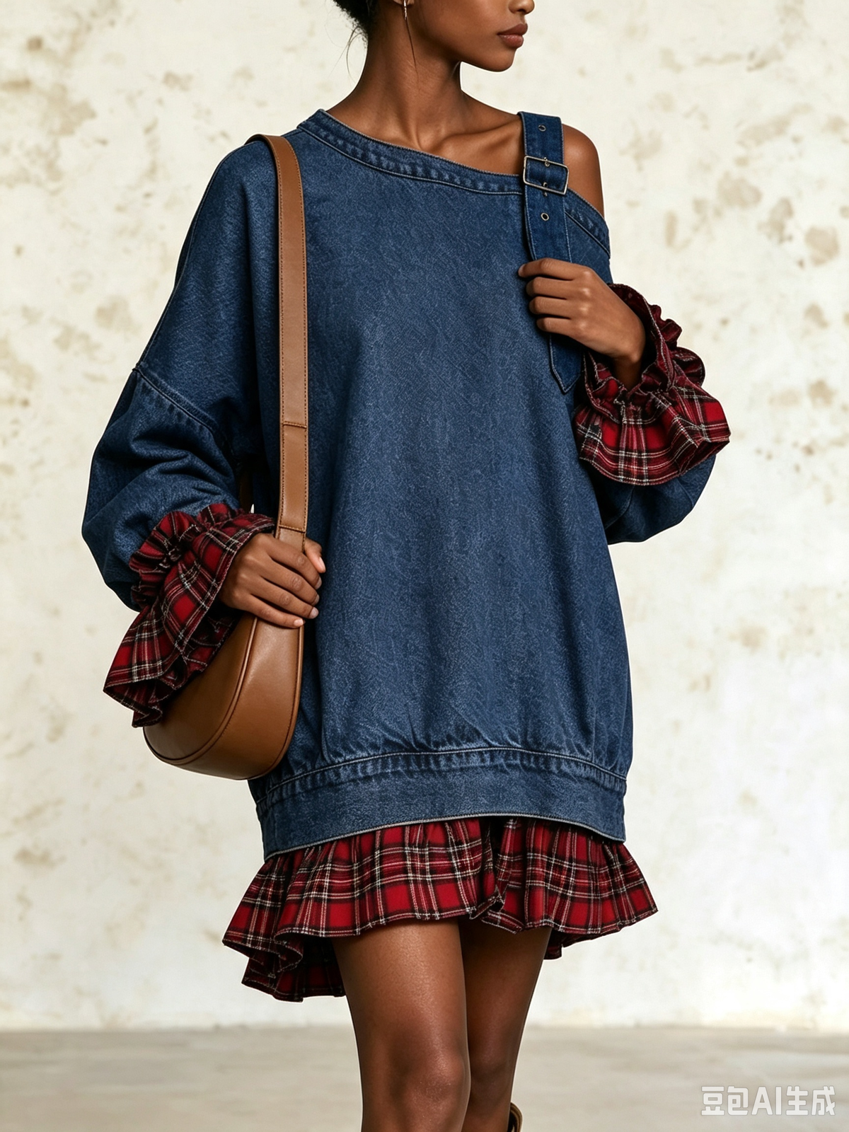 Robe mini asymétrique en jean avec sangle à boucle, vêtement tendance de Danoir Paris, montrant la coupe et le détail de la boucle.