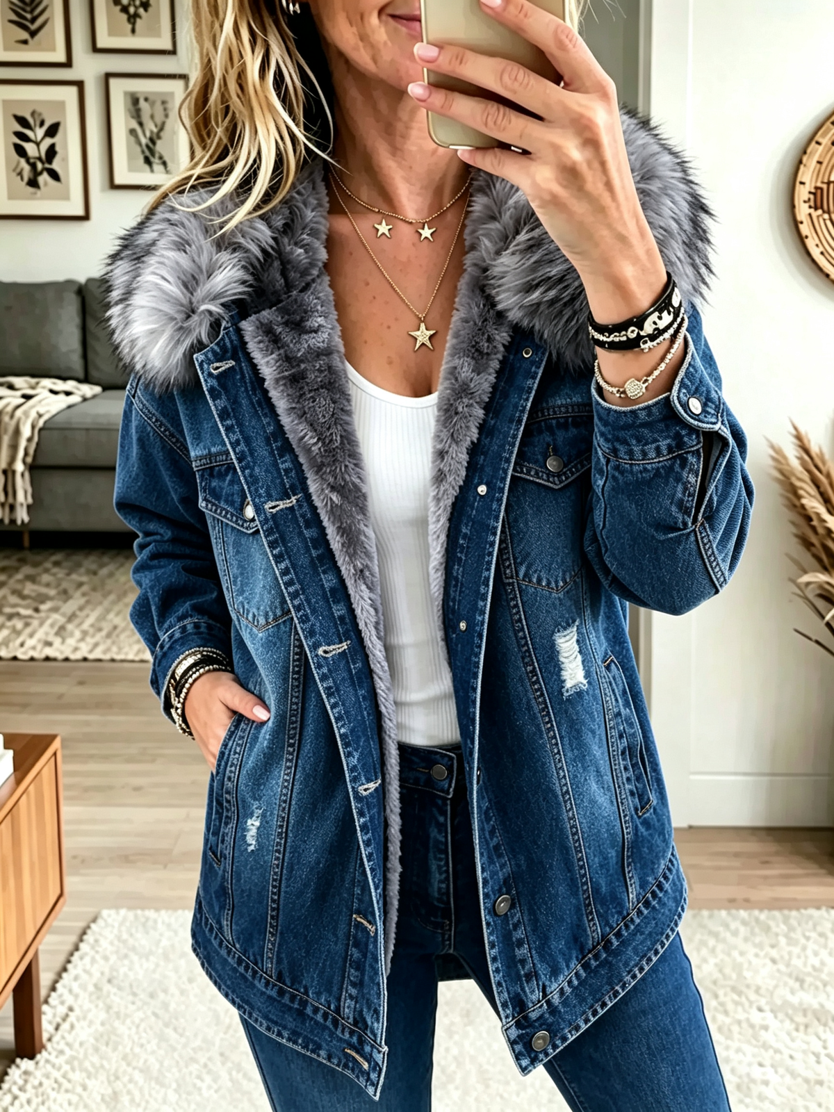 Veste en jean Danoir Paris Honora avec col en fourrure synthétique et doublure en fleece, vue de face.