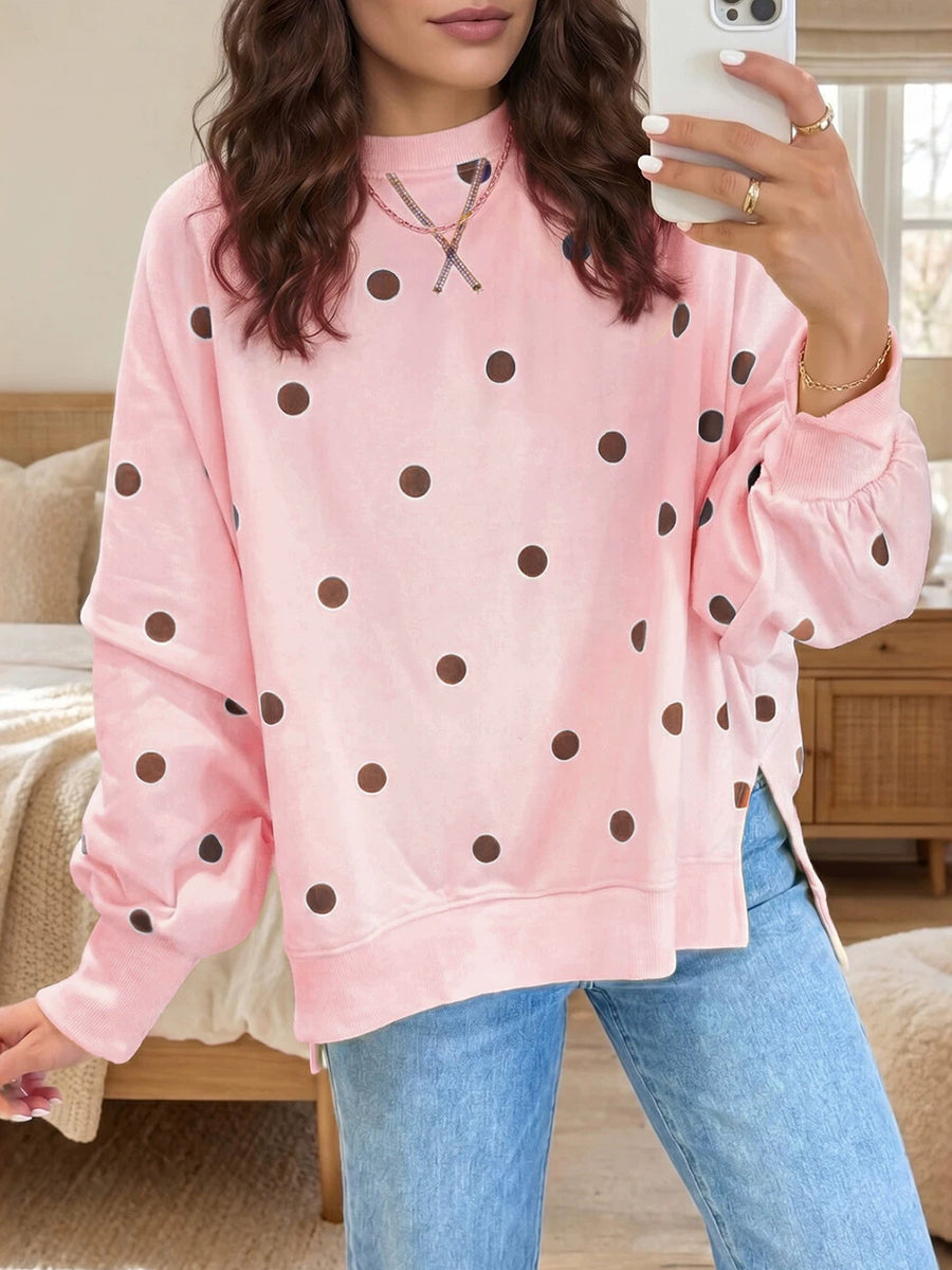 Sweatshirt Danoir Paris chic jaune soleil et bleu à pois, coton confortable, porté sur un mannequin, style décontracté et tendance.