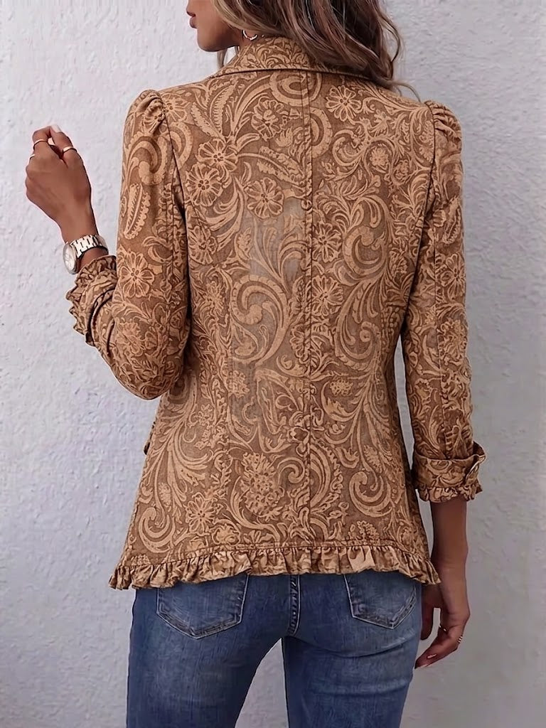 Veste bohème fleurie vintage marron Noémie de Danoir Paris avec volants et détails romantiques, tissu léger et élégant.