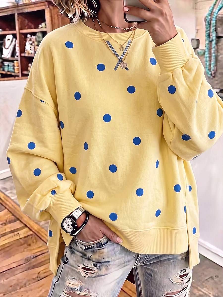 Sweatshirt jaune soleil et bleu à pois de Danoir Paris, tissu doux et confortable, vue de face avec motif à pois coloré.