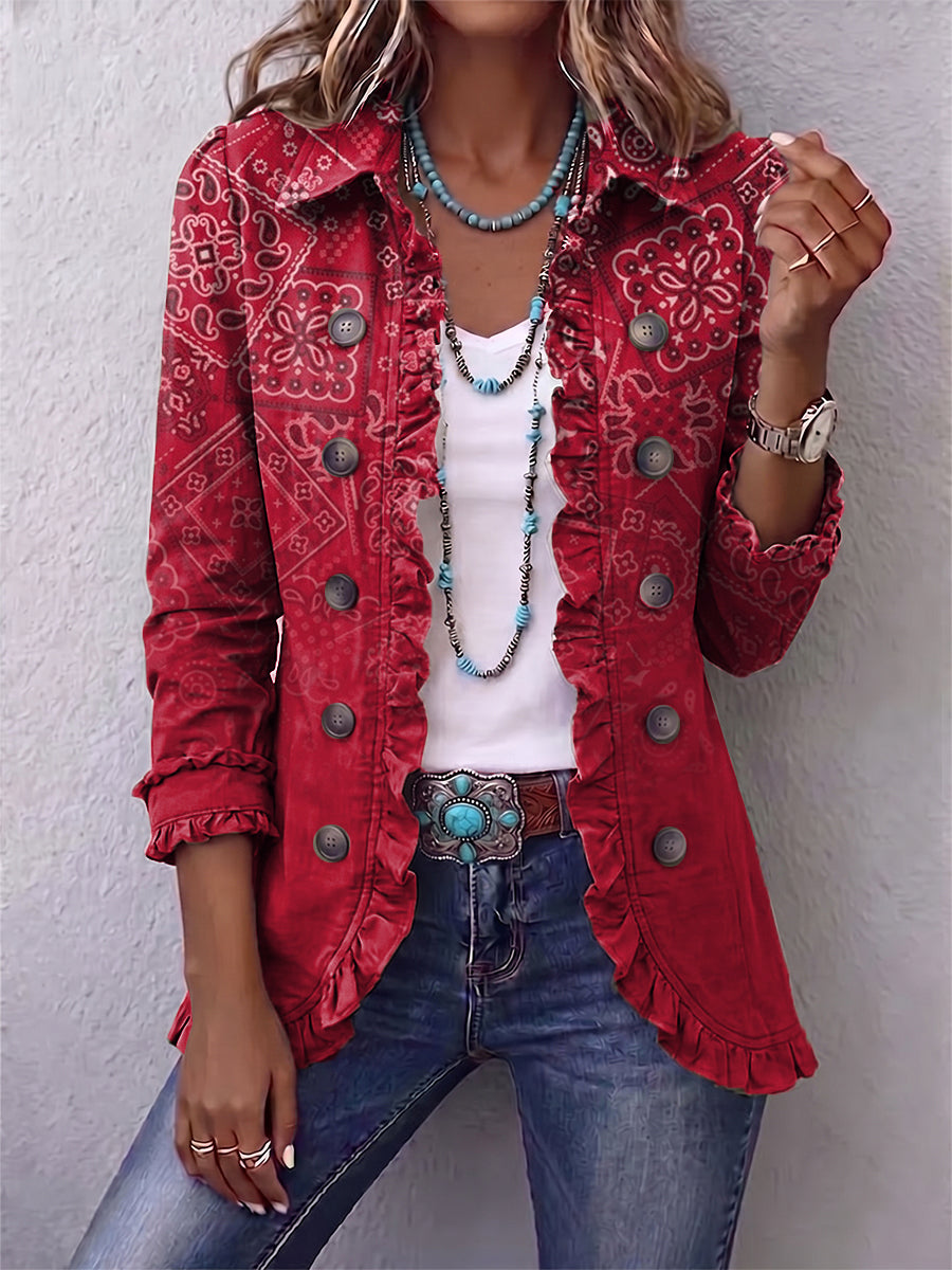 Veste bohème Danoir Paris Gaëlle avec motif paisley dégradé rouge et volants, style élégant et féminin.