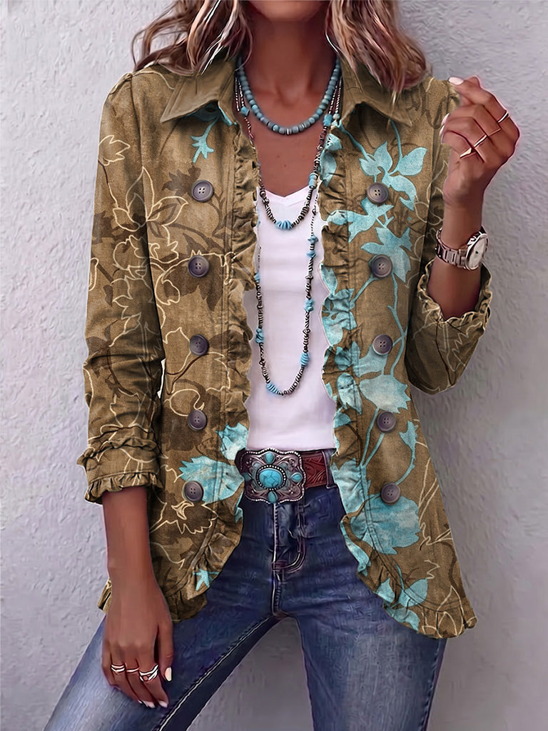 Veste bohème fleurie vintage dégradée à volants Danoir Paris, design original avec motifs floraux et détails en volants.