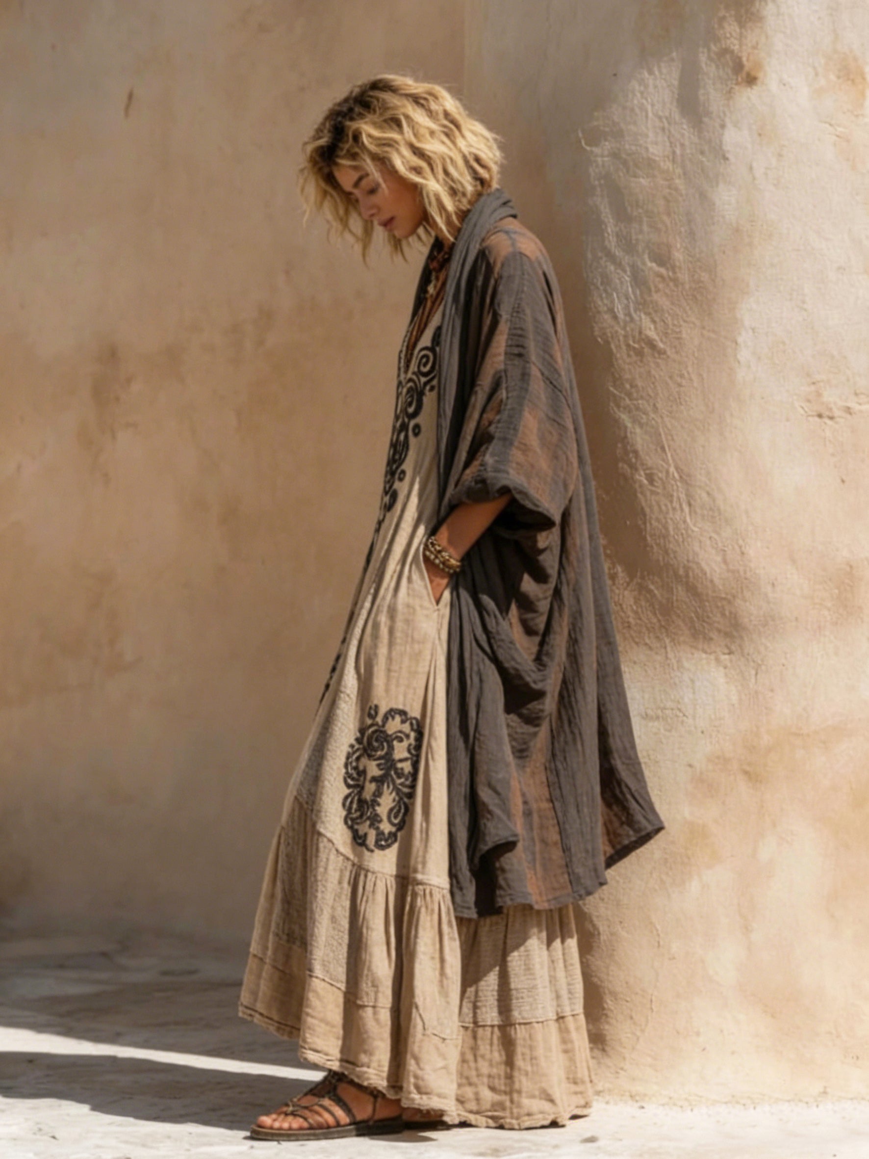 Ensemble deux pièces en lin rétro boho de Danoir Paris, avec haut et pantalon aux motifs vintage, porté dans un style décontracté.