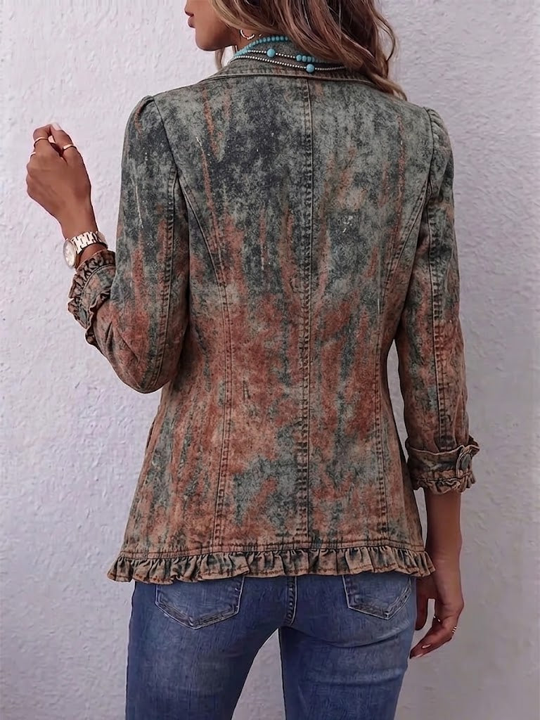 Veste vintage dégradée texturée avec volants Danoir Paris, détail coloré et tissu à motifs, style unique et original.