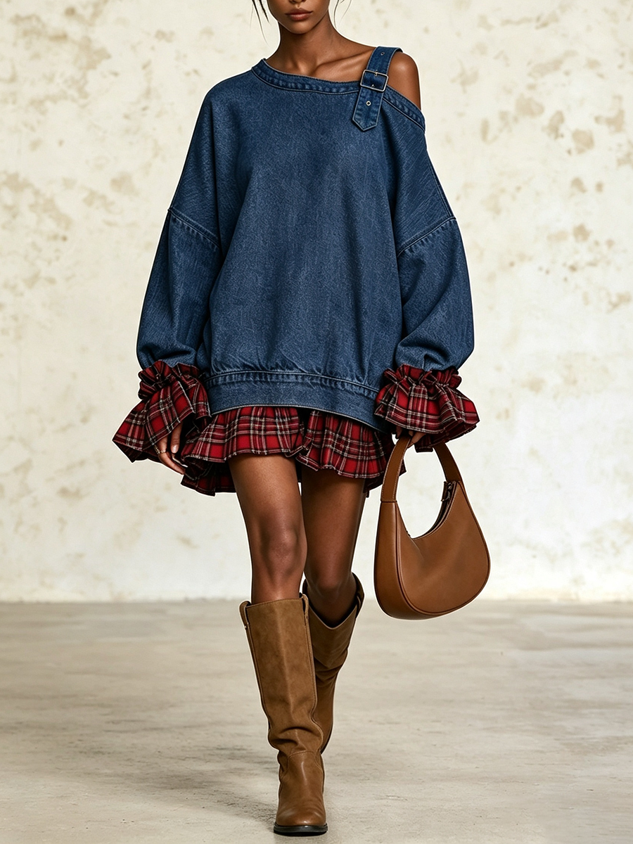Robe mini asymétrique en jean Danoir Paris avec sangle à boucle, coupe tendance et détails modernes.