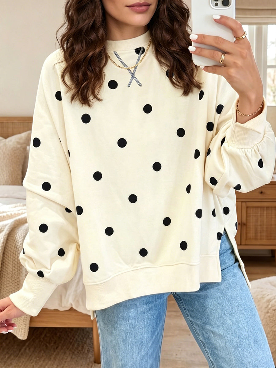 Sweatshirt chic jaune soleil et bleu à pois de Danoir Paris, avec col rond et manches longues, porté sur un mannequin.