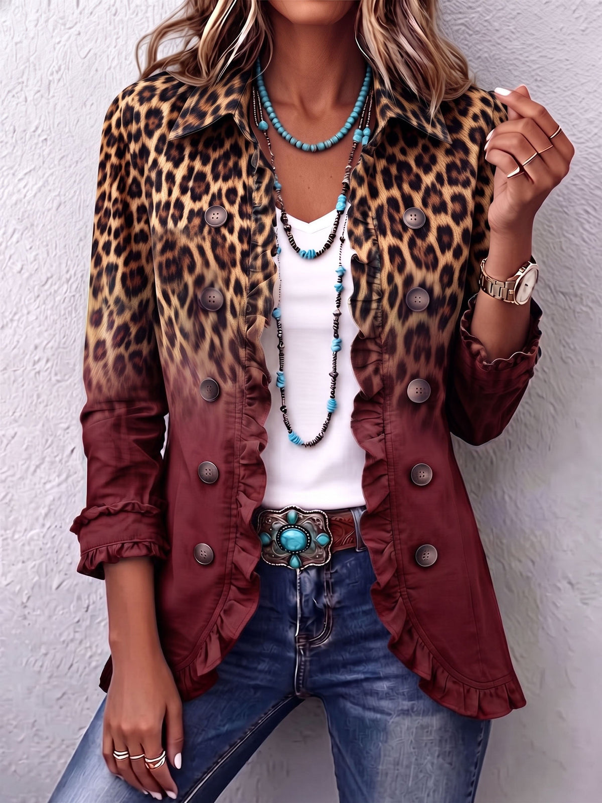 Blazer léopard dégradé turquoise à volants Béatrice de Danoir Paris, mode chic avec motif animal et détails féminins.