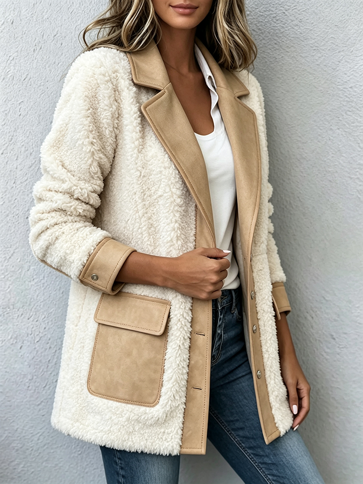 Veste en fleece Teddy chic contrasté de Danoir Paris, avec détails en tissu contrasté et coupe élégante.