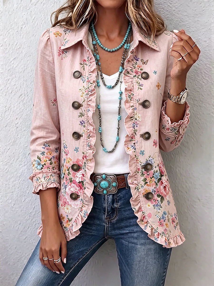Veste fleurie Rose Martine de Danoir Paris avec volants et boutons, motif floral coloré, coupe élégante.
